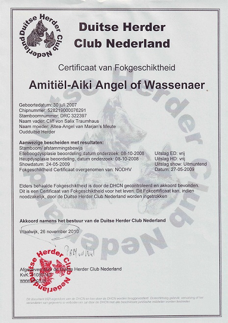 Certificaat van Fokgeschiktheid Duitse Herder Club Nederland